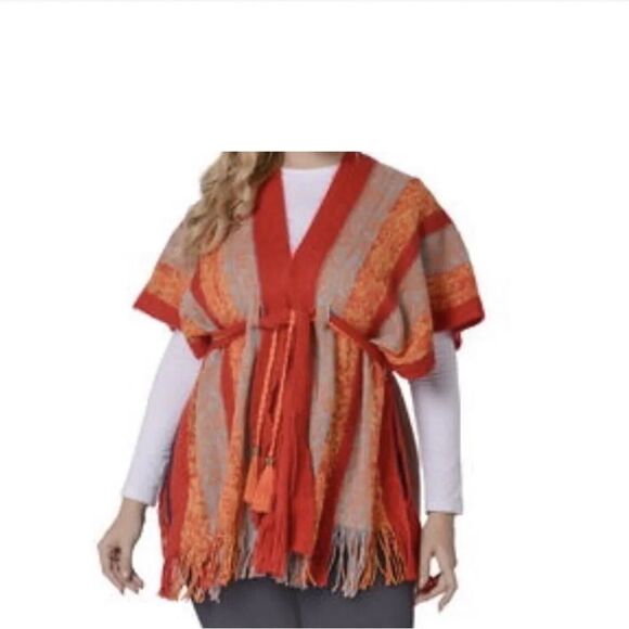 Red Multi color 2-Way Wear Fringe Sweater Wrap or Cardigan - Picture 8 of 8